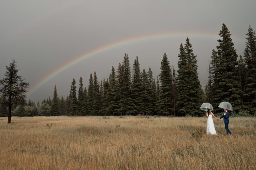 Meadow with a Rainbow Wedding Couple Holding Hands