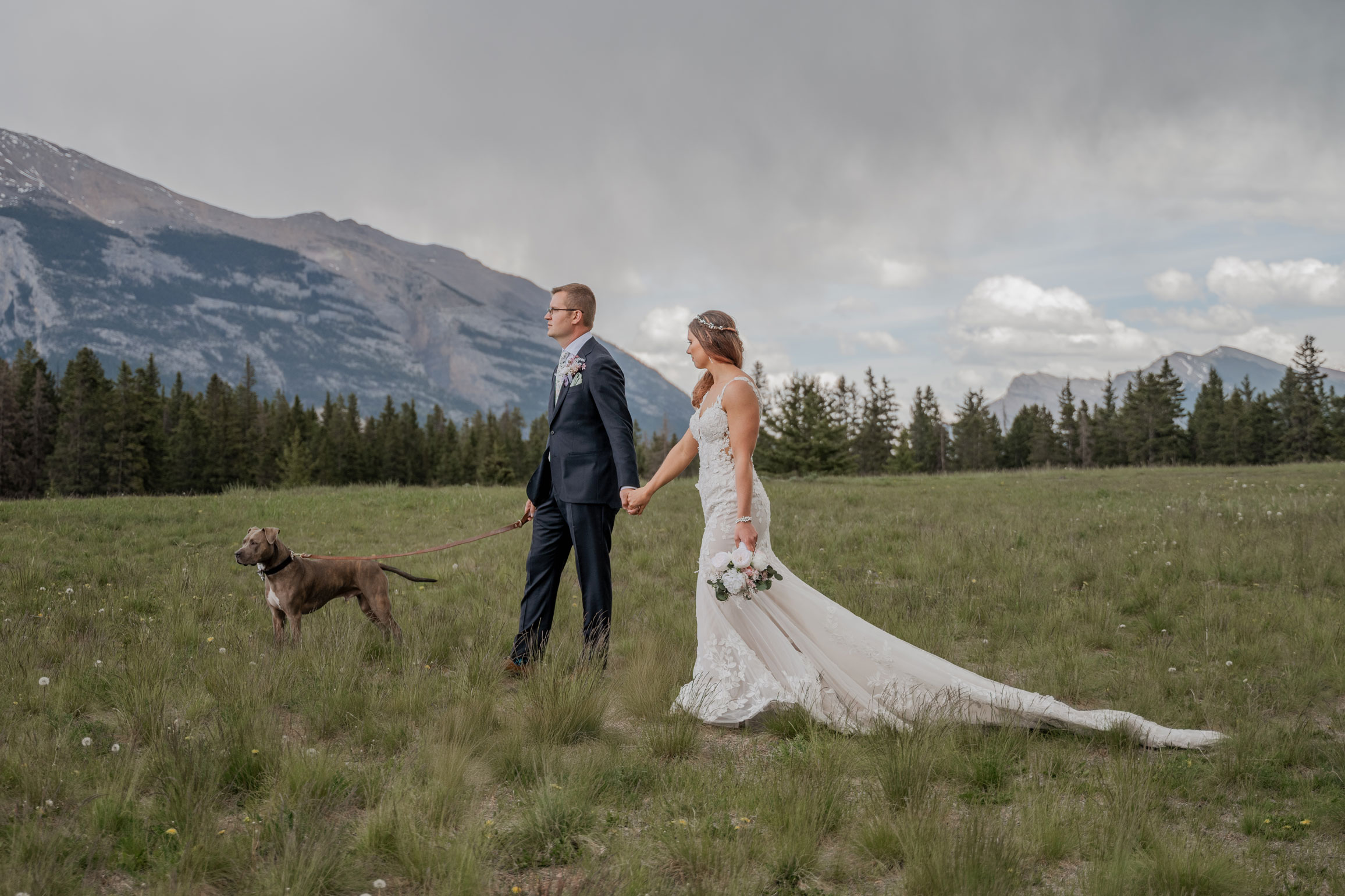 Canmore Rockies Wedding Couple at Quarry Lake Dog Park with their Dog